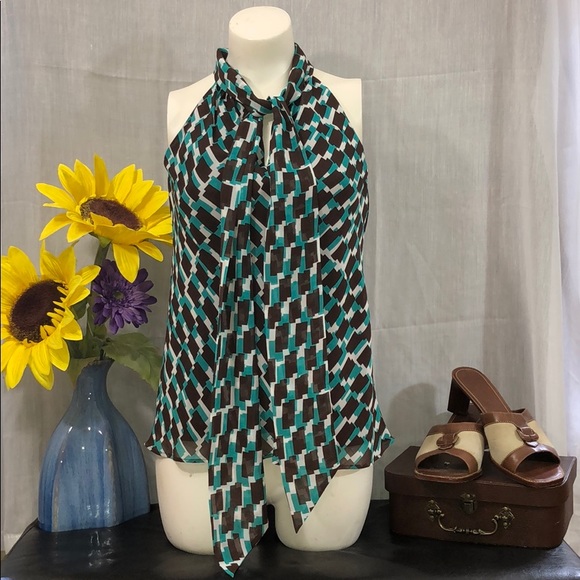 BANANA REPUBLIC Geometric Tie Neck Keyhole Career Sheer Blouse Top Sz XS - Picture 1 of 8